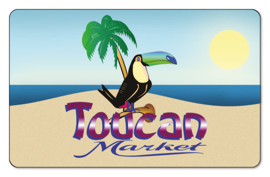 toucan market logo on a beach background